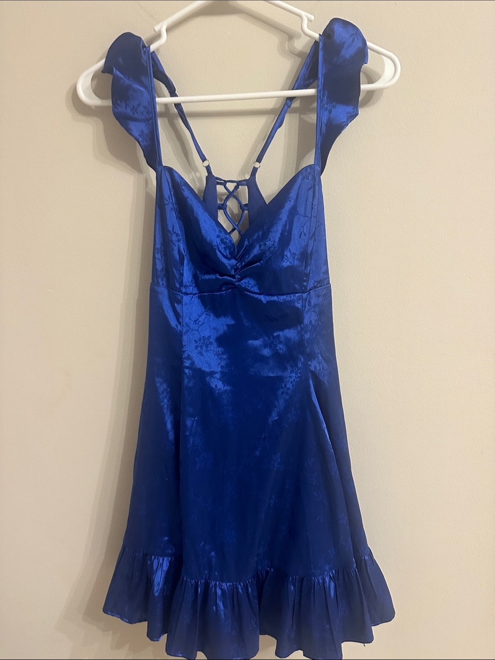 PrettyLittleThing Blue Satin Ruffle Slip Dress